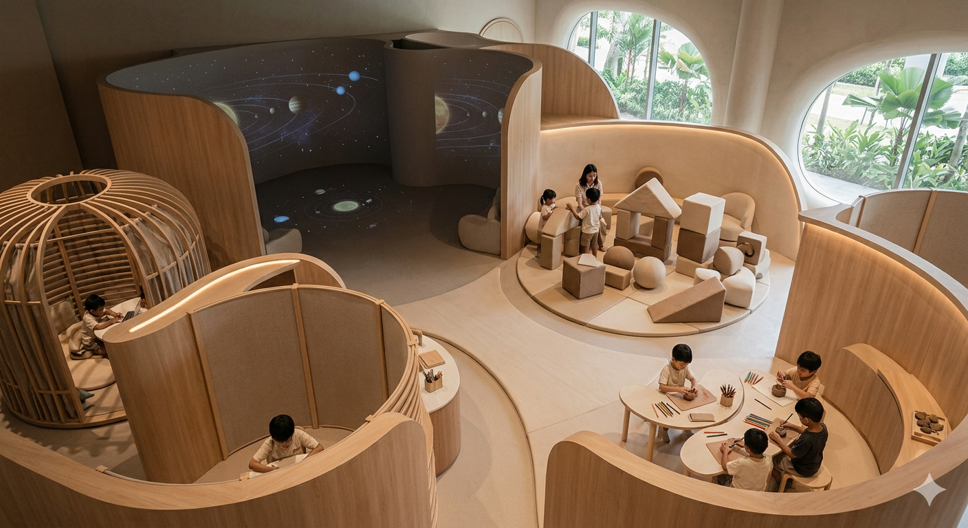 Overhead view of Luminary environment showing pods, craft tables, building blocks, and projection zones working together