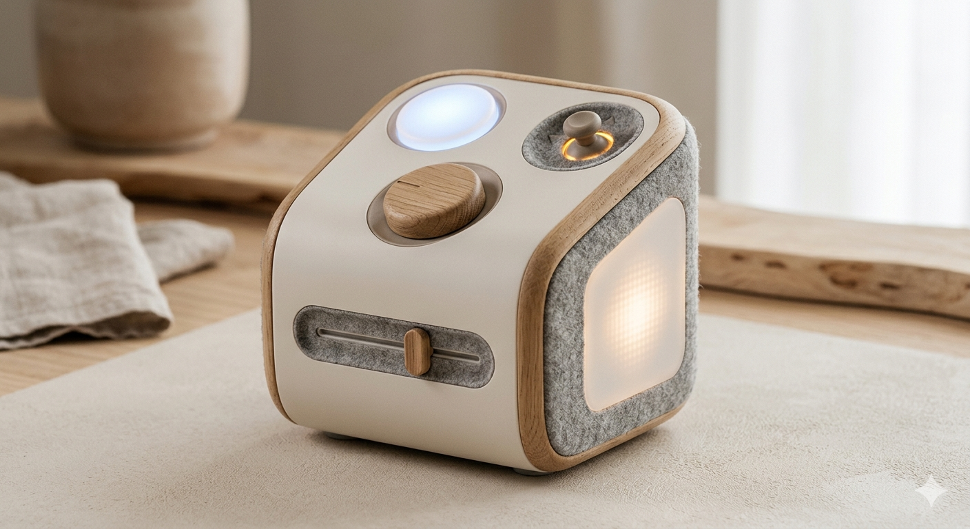 Luminary Primitive — tactile IoT device with light, dial, and button controls in birch and felt