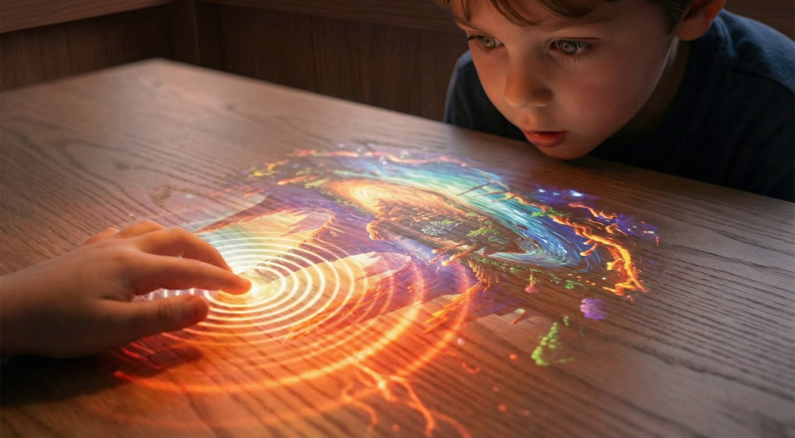 A child interacting with a swirling projected world on a wooden table